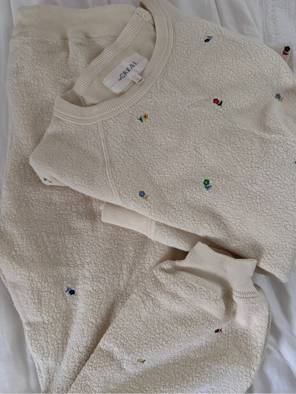 THE GREAT. Cream Sherpa Floral Embroidered Kids Pajama Set